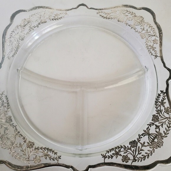 Vintage Imperial Glass Art Deco Silver Overlay Grill Plate Dish Roses & Urn - Picture 4 of 7